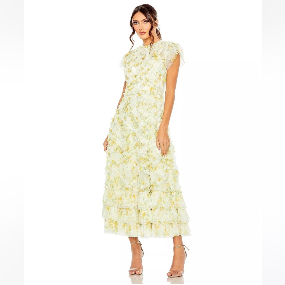 MAC DUGGAL NEW WITHOUT TAGS SIZE 4 High Neck Ruffle Sleeve Dress Color: Yellow
